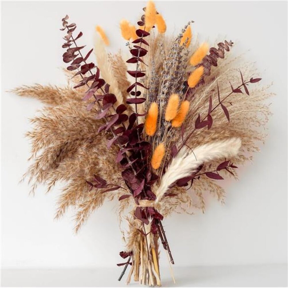 Fall Dried Flower Bouquet with Pampas Grass, Orange Bunny Tails,‎ Lavender & Red